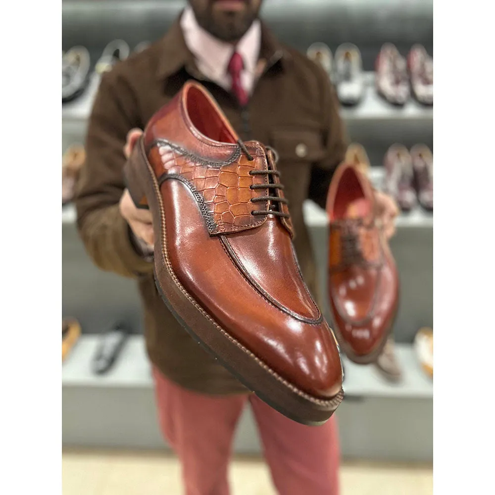 Tan Mirror Glossed Patina Croco Saddle Derby With Extralight Sole