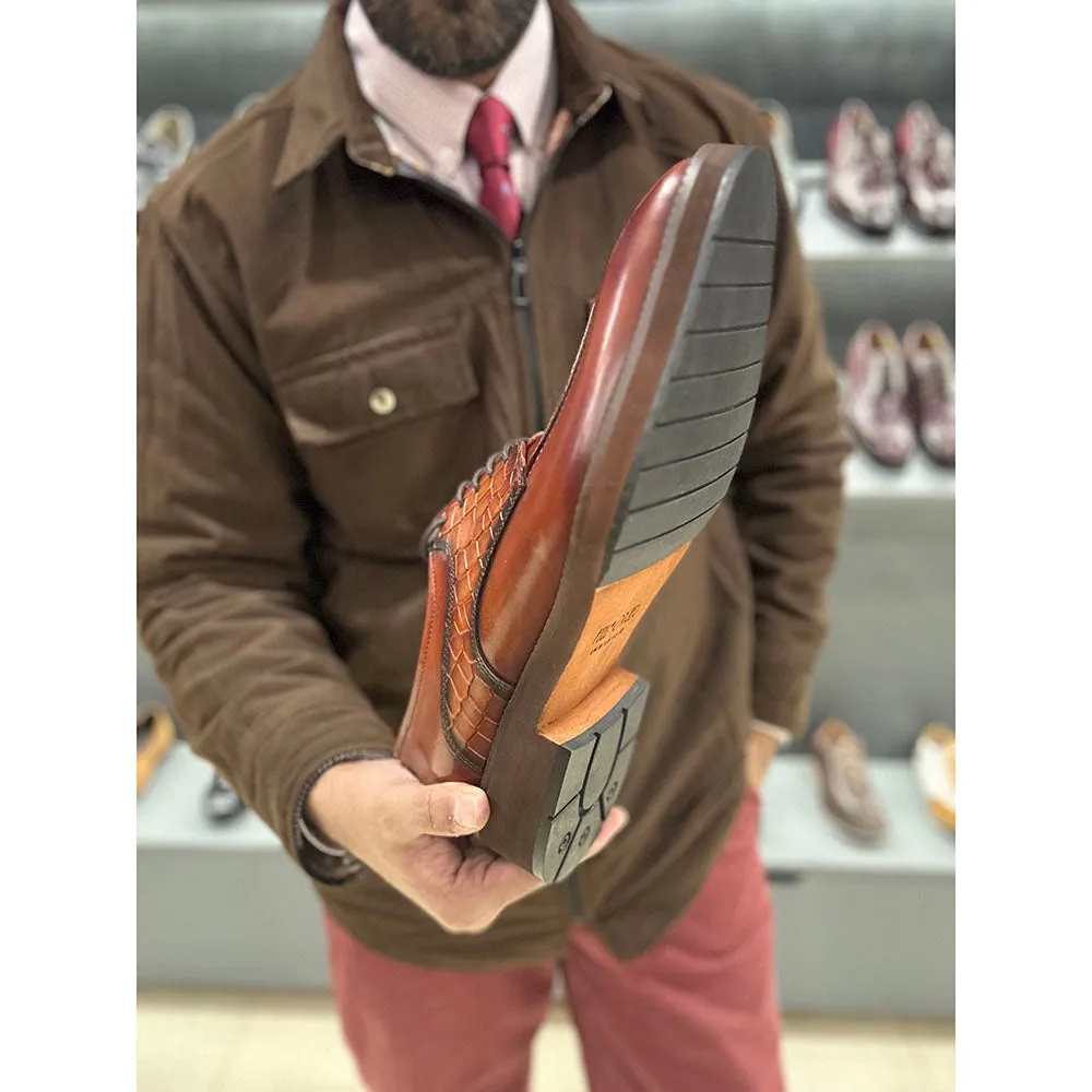 Tan Mirror Glossed Patina Croco Saddle Derby With Extralight Sole