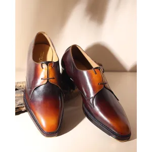 Tan Mirror Glossed Vintage Patina Two Eyelet Derby With Norwegian Welted Metal Toe   Cuban Heel