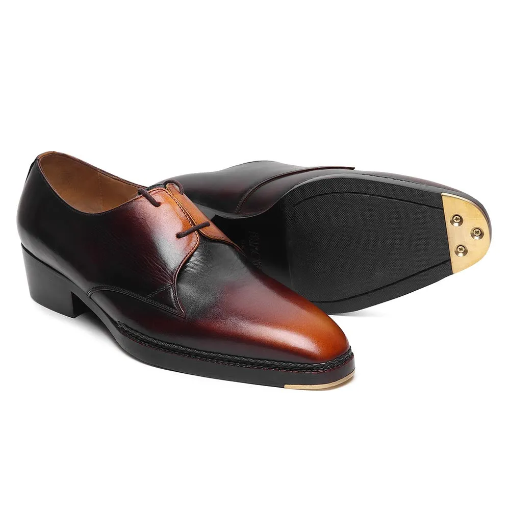 Tan Mirror Glossed Vintage Patina Two Eyelet Derby With Norwegian Welted Metal Toe   Cuban Heel