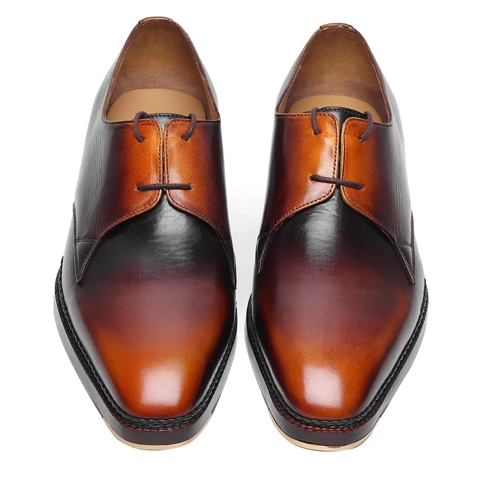 Tan Mirror Glossed Vintage Patina Two Eyelet Derby With Norwegian Welted Metal Toe   Cuban Heel