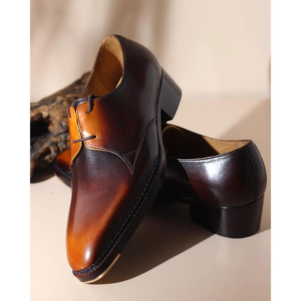 Tan Mirror Glossed Vintage Patina Two Eyelet Derby With Norwegian Welted Metal Toe   Cuban Heel