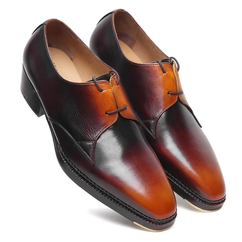 Tan Mirror Glossed Vintage Patina Two Eyelet Derby With Norwegian Welted Metal Toe   Cuban Heel
