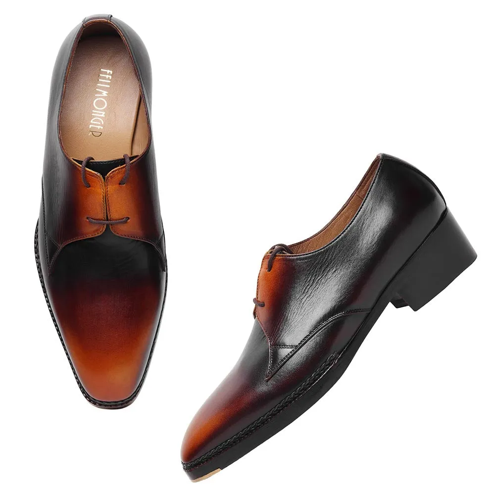 Tan Mirror Glossed Vintage Patina Two Eyelet Derby With Norwegian Welted Metal Toe   Cuban Heel