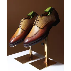 Tan Patina Mirror Glossed Hatch Grain Apron Toe Derby With Metal Toe