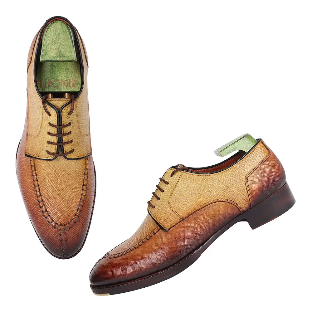 Tan Patina Mirror Glossed Hatch Grain Apron Toe Derby With Metal Toe