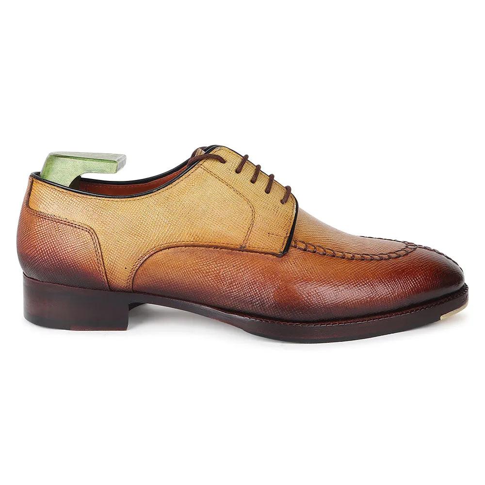 Tan Patina Mirror Glossed Hatch Grain Apron Toe Derby With Metal Toe