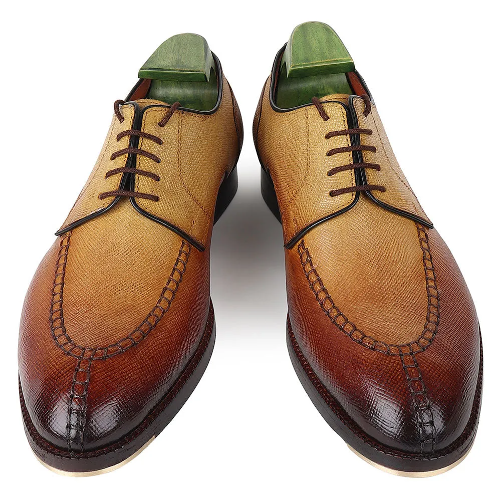 Tan Patina Mirror Glossed Hatch Grain Apron Toe Derby With Metal Toe