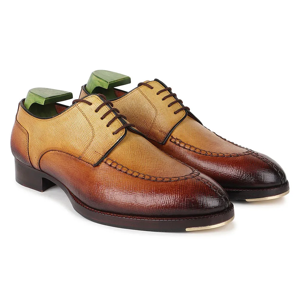 Tan Patina Mirror Glossed Hatch Grain Apron Toe Derby With Metal Toe