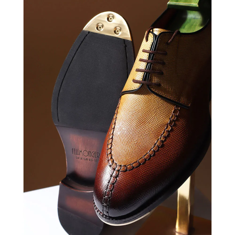 Tan Patina Mirror Glossed Hatch Grain Apron Toe Derby With Metal Toe