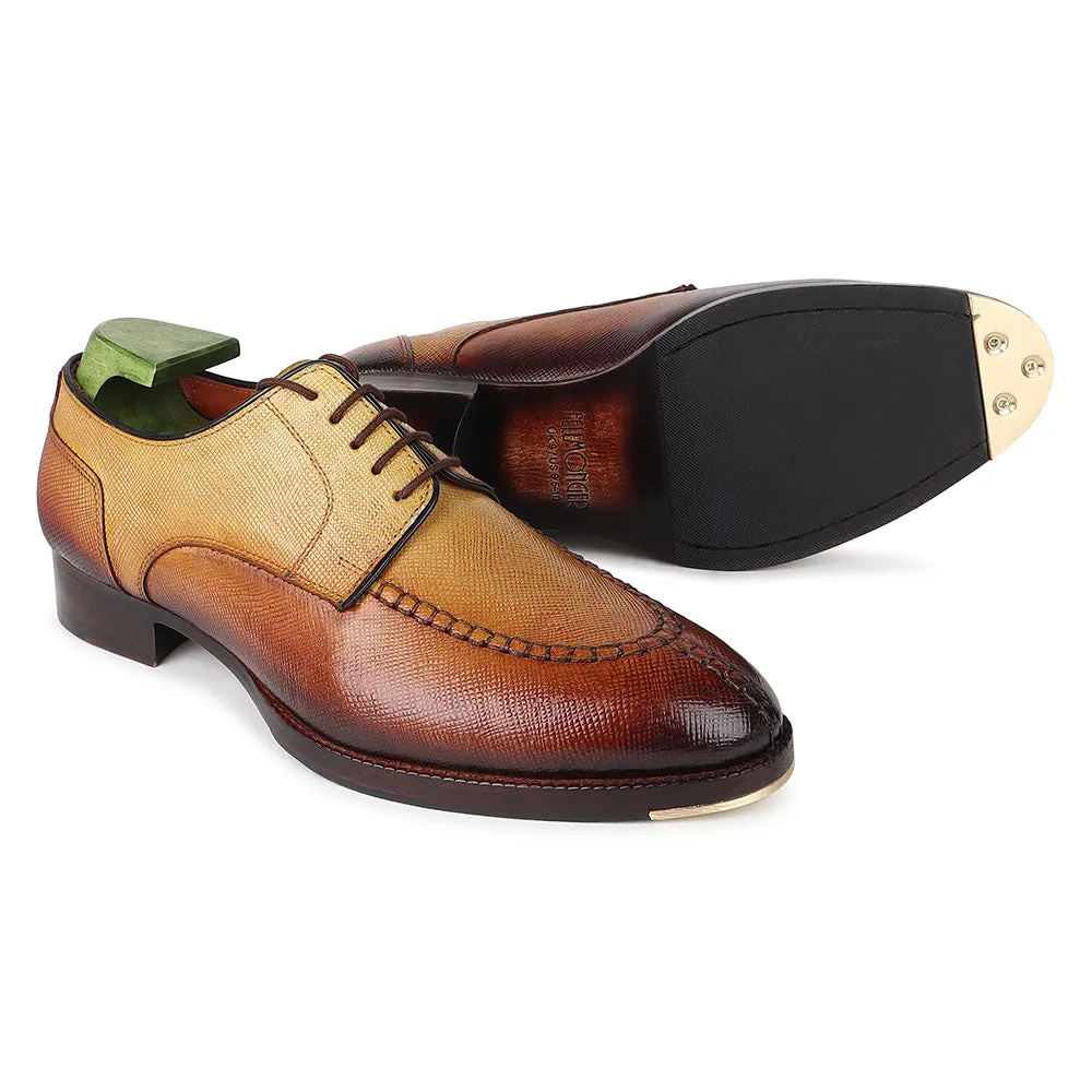 Tan Patina Mirror Glossed Hatch Grain Apron Toe Derby With Metal Toe