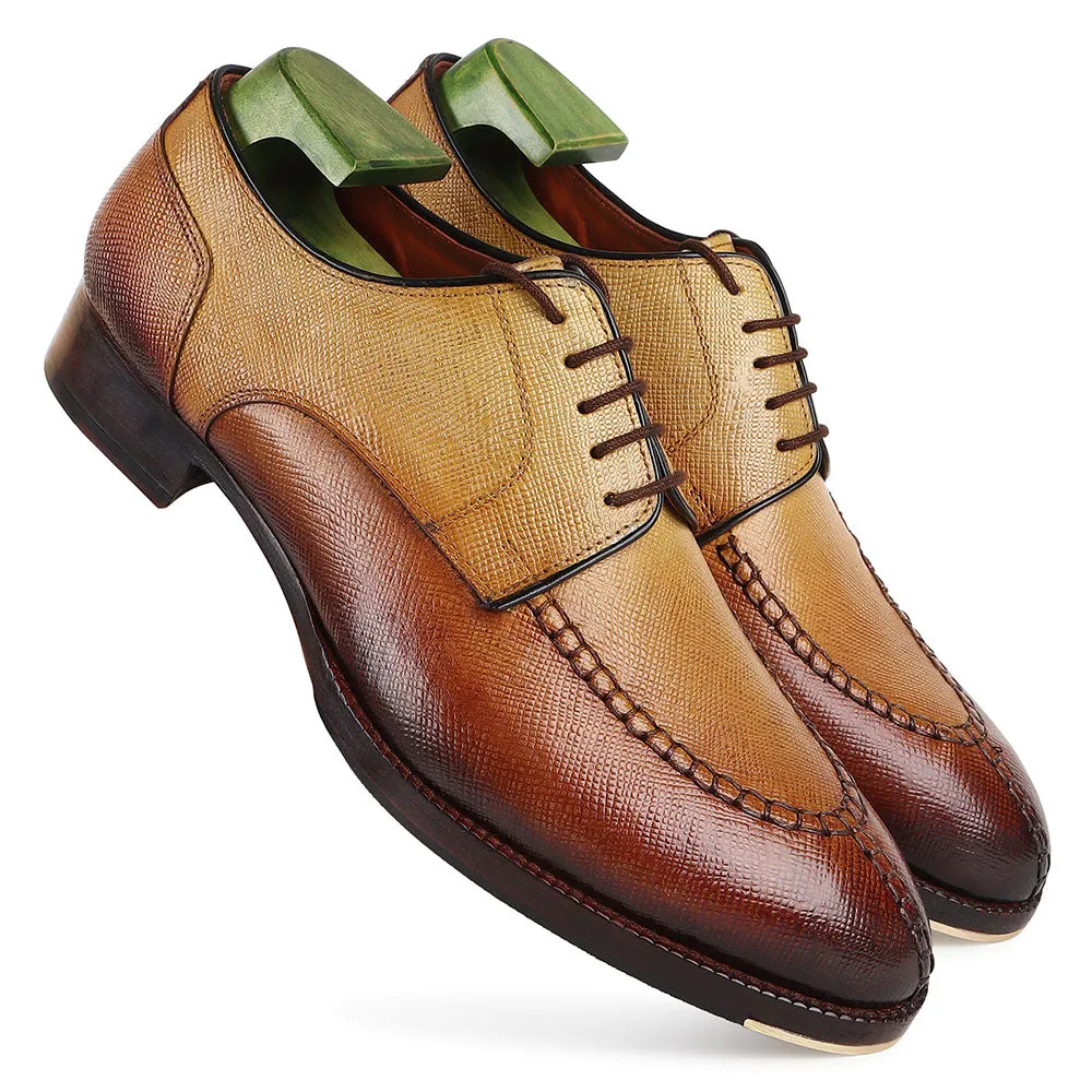 Tan Patina Mirror Glossed Hatch Grain Apron Toe Derby With Metal Toe