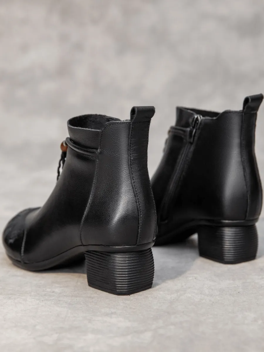 Tassel Embroidered Leather Bootie - Black