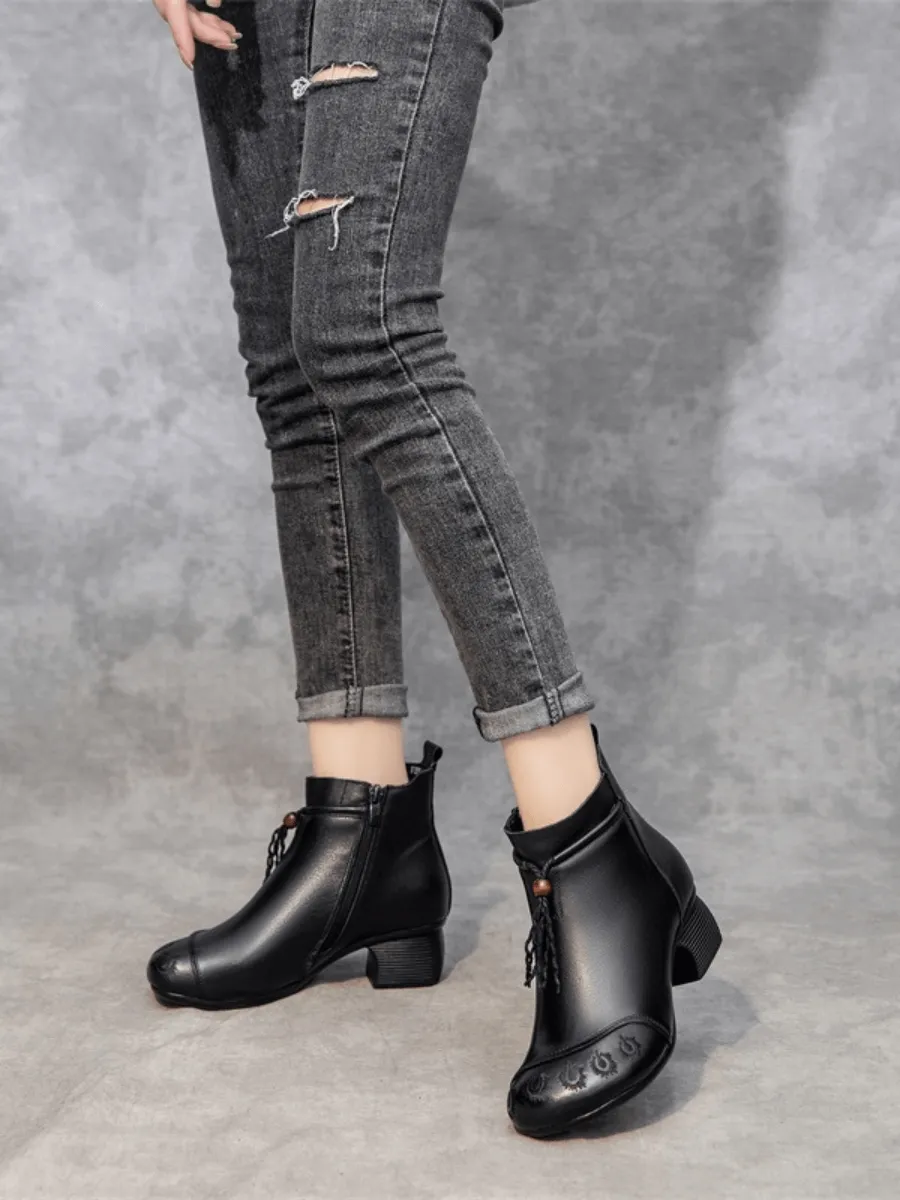 Tassel Embroidered Leather Bootie - Black