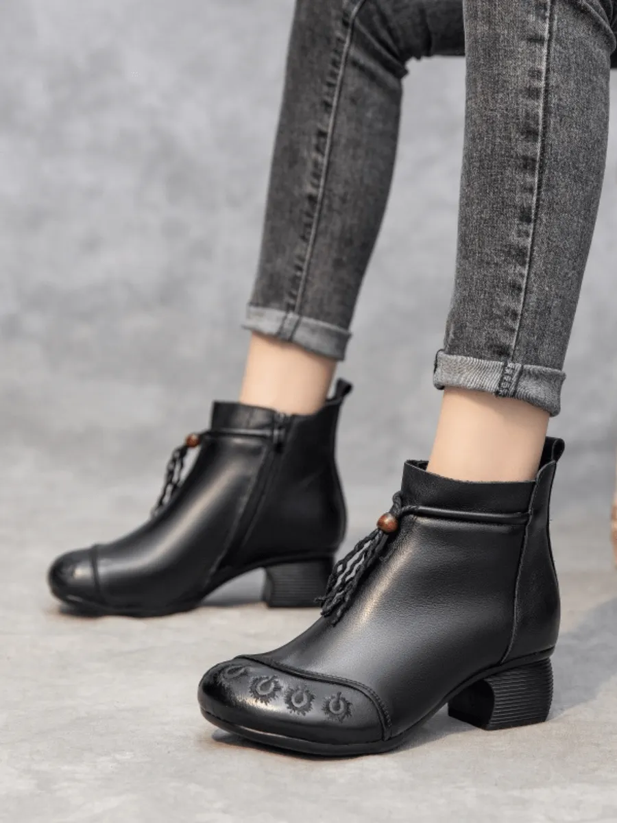 Tassel Embroidered Leather Bootie - Black