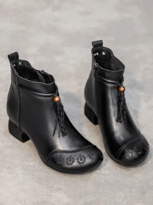 Tassel Embroidered Leather Bootie - Black