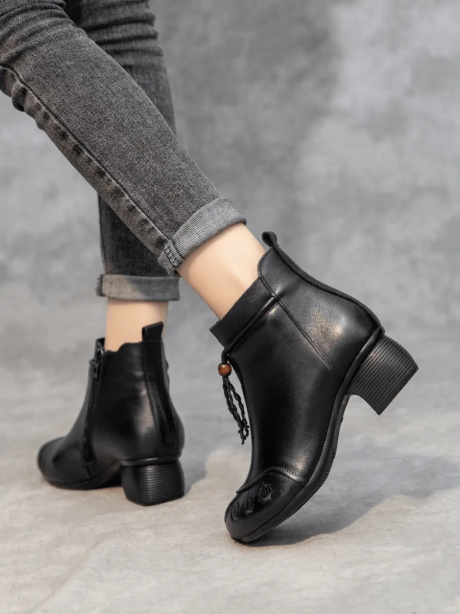 Tassel Embroidered Leather Bootie - Black