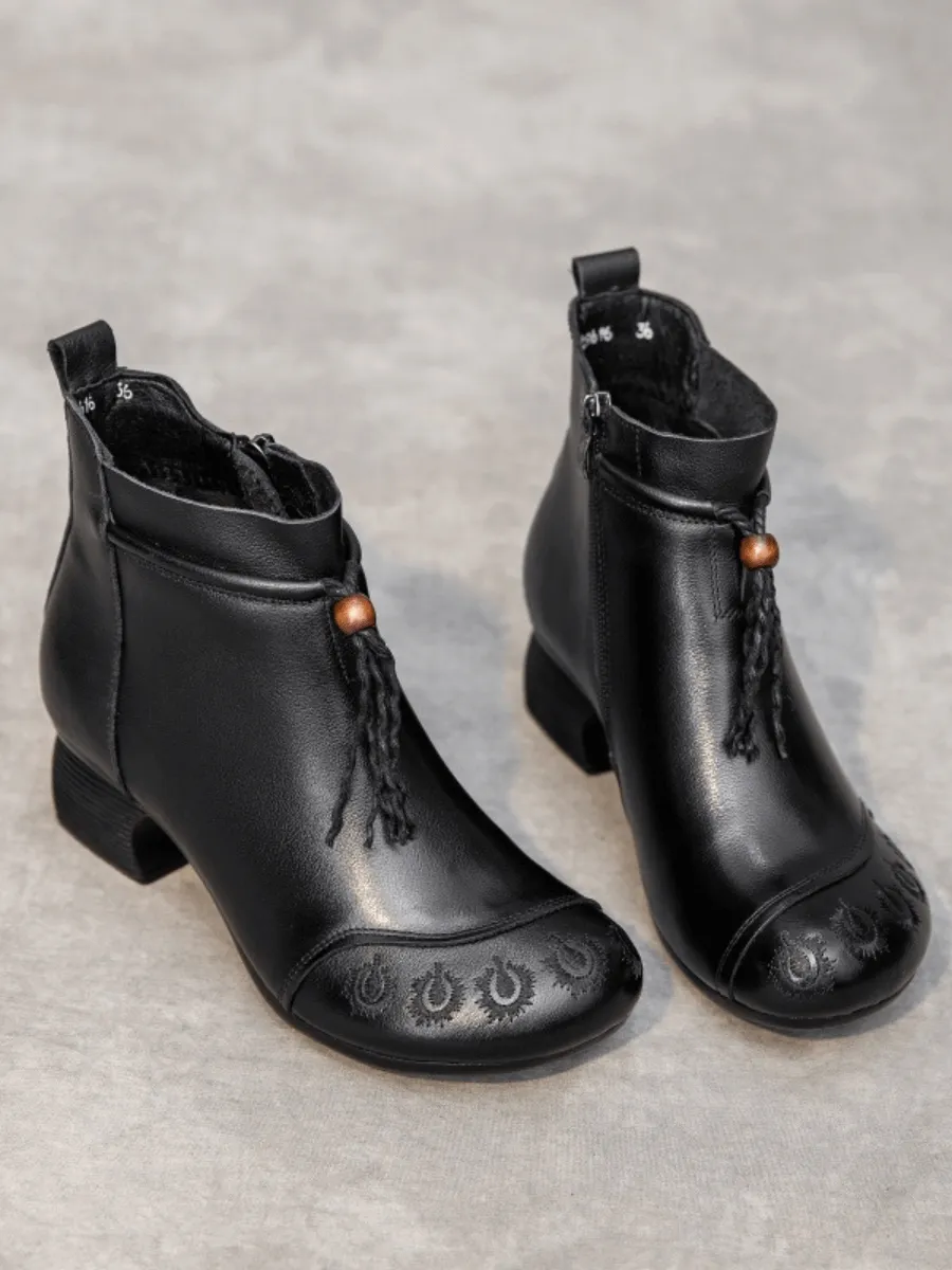 Tassel Embroidered Leather Bootie - Black