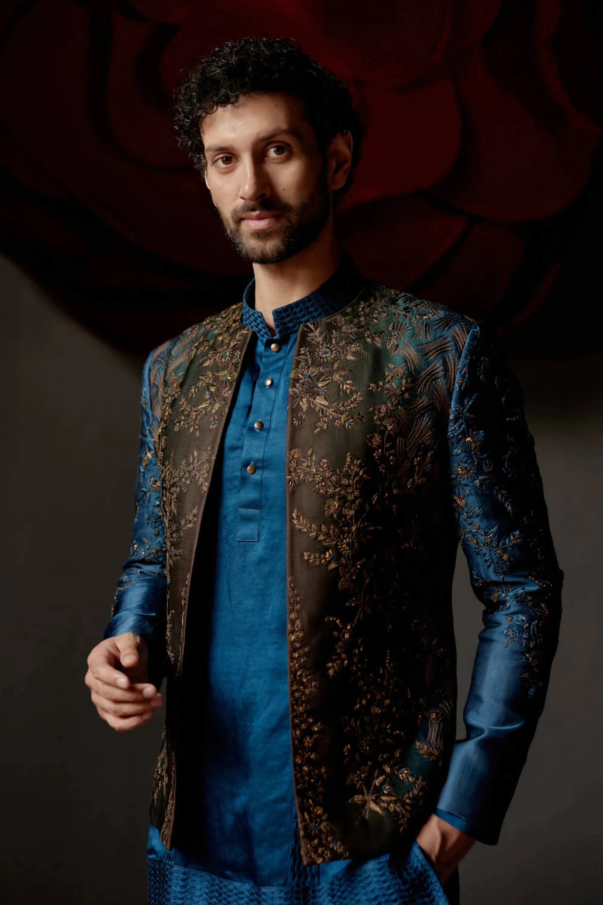 Teal & brown short jacket and kurta set