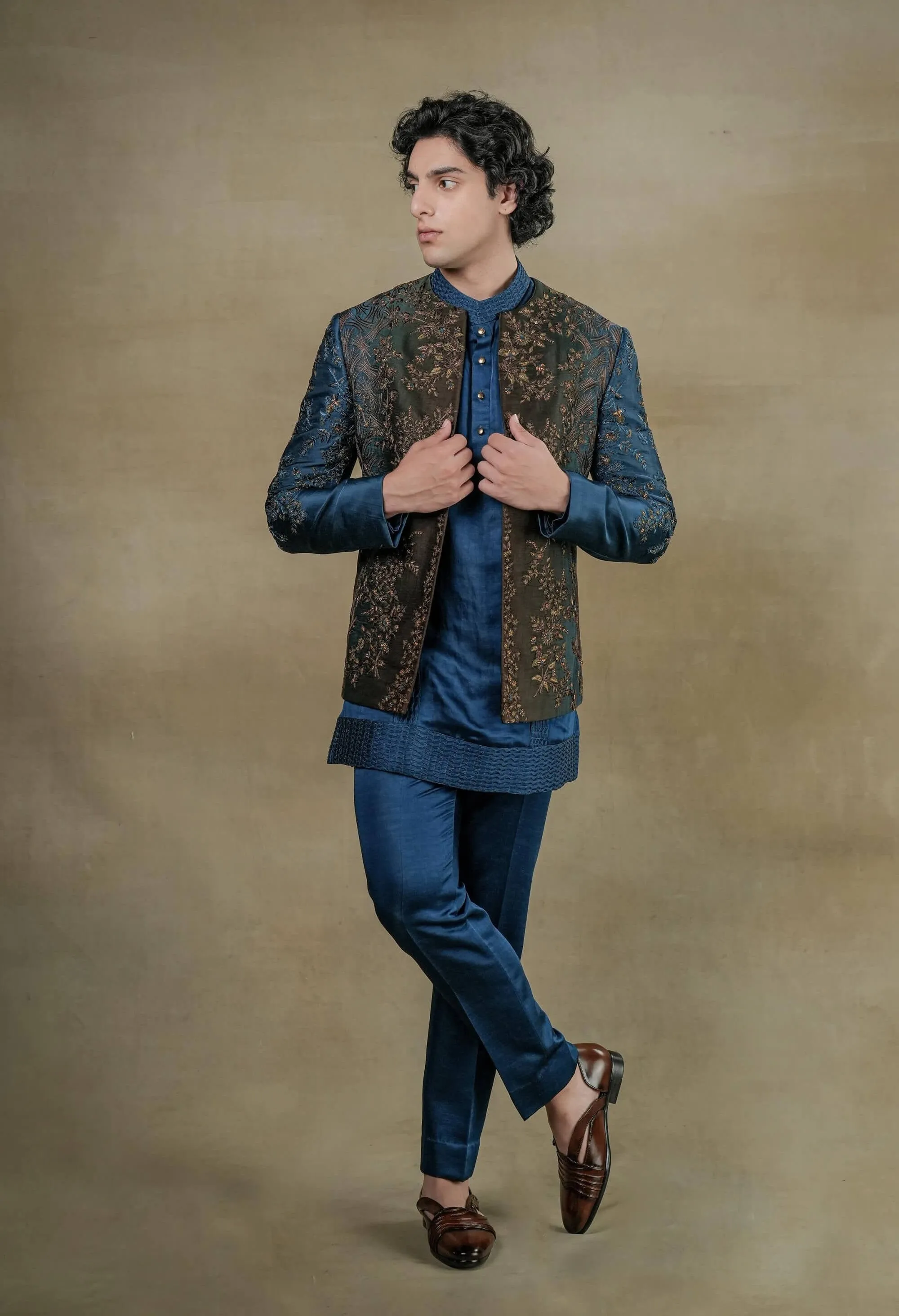 Teal & brown short jacket and kurta set