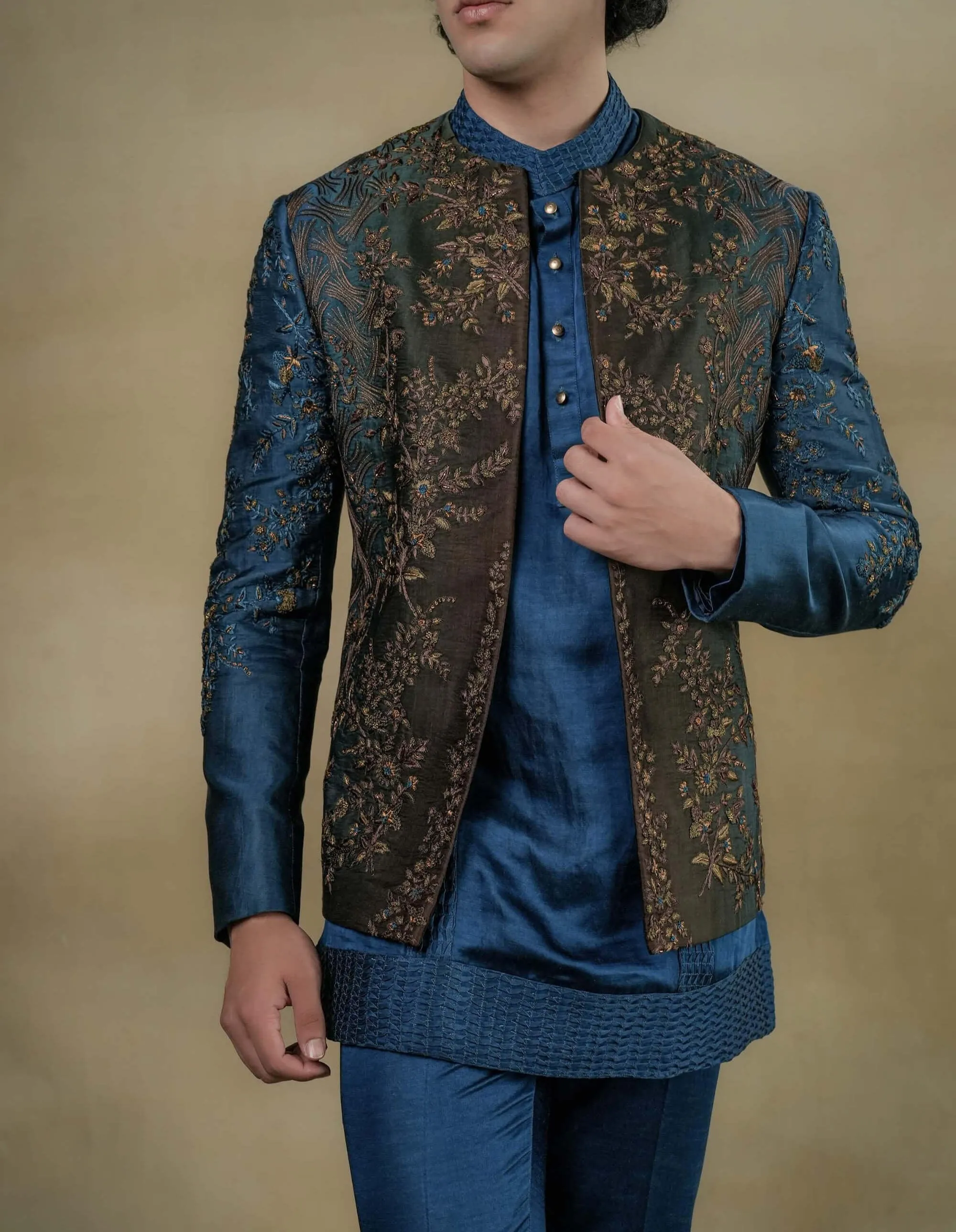 Teal & brown short jacket and kurta set