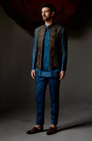 Teal & brown short jacket and kurta set