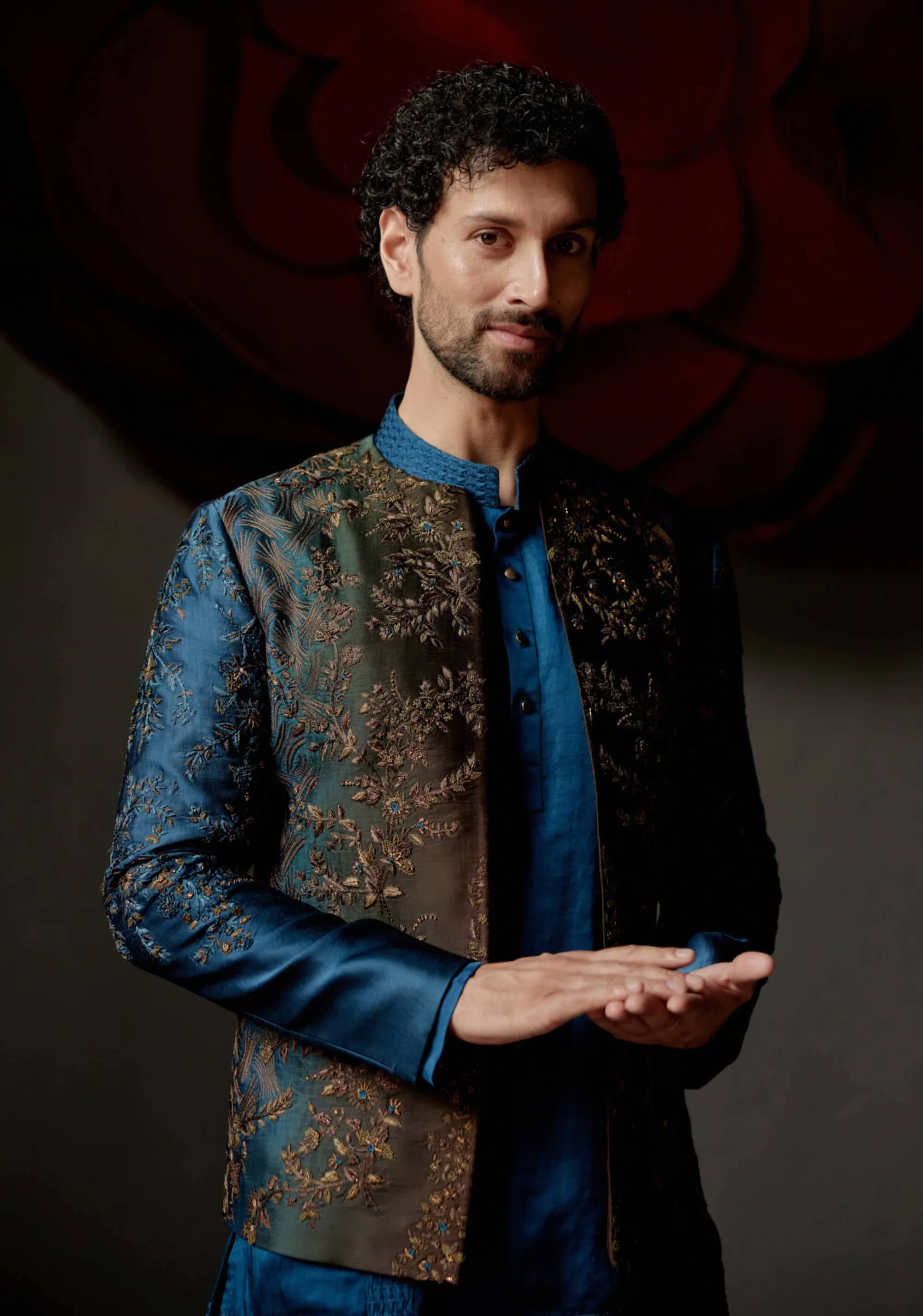 Teal & brown short jacket and kurta set