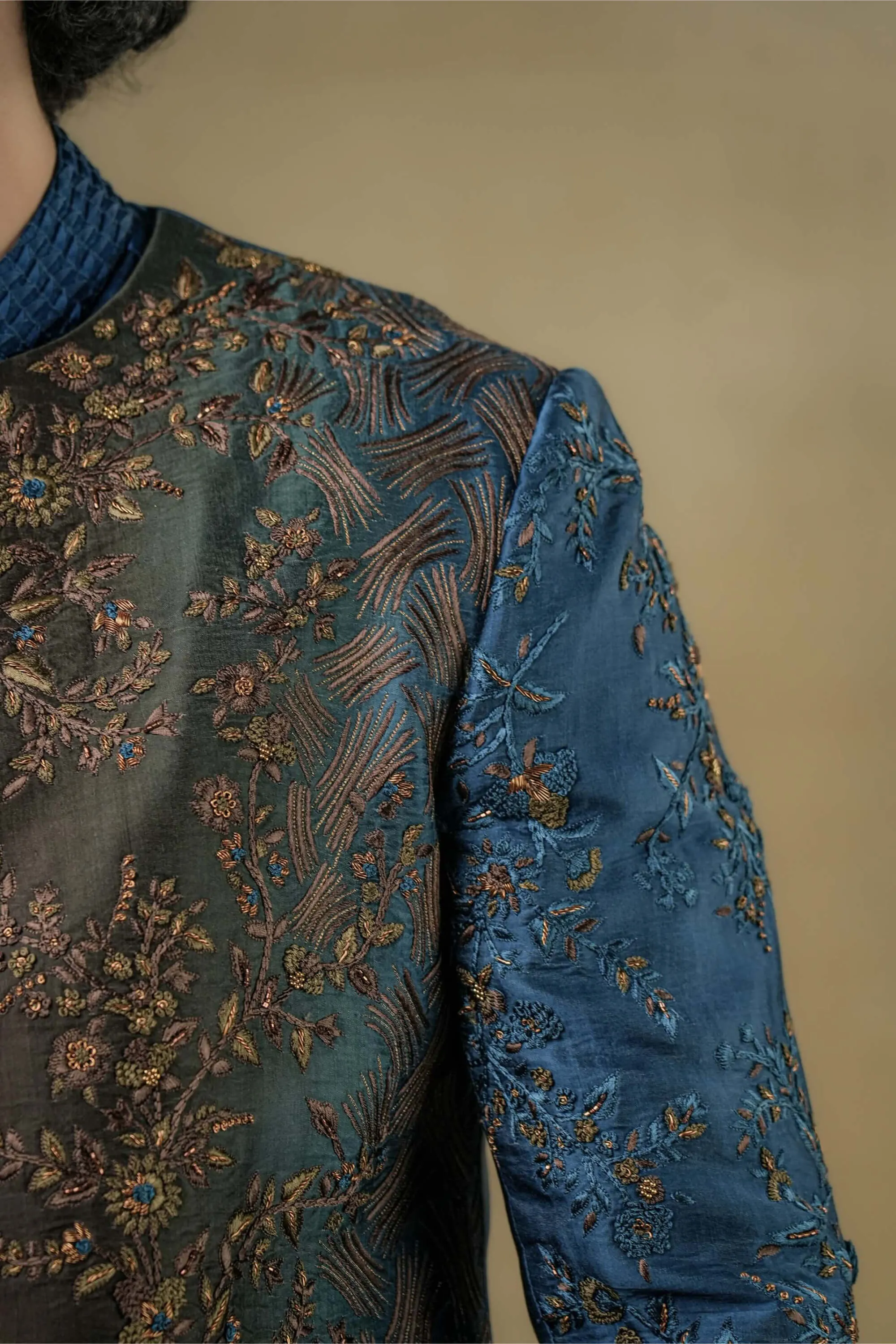 Teal & brown short jacket and kurta set