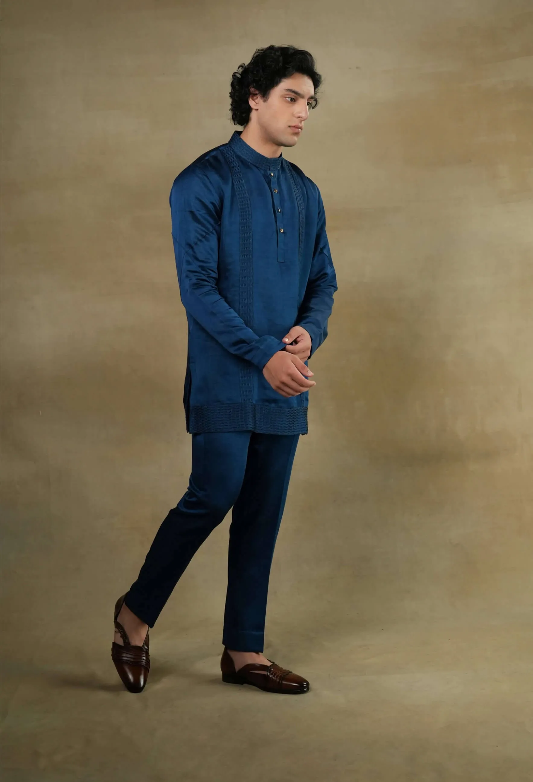 Teal & brown short jacket and kurta set