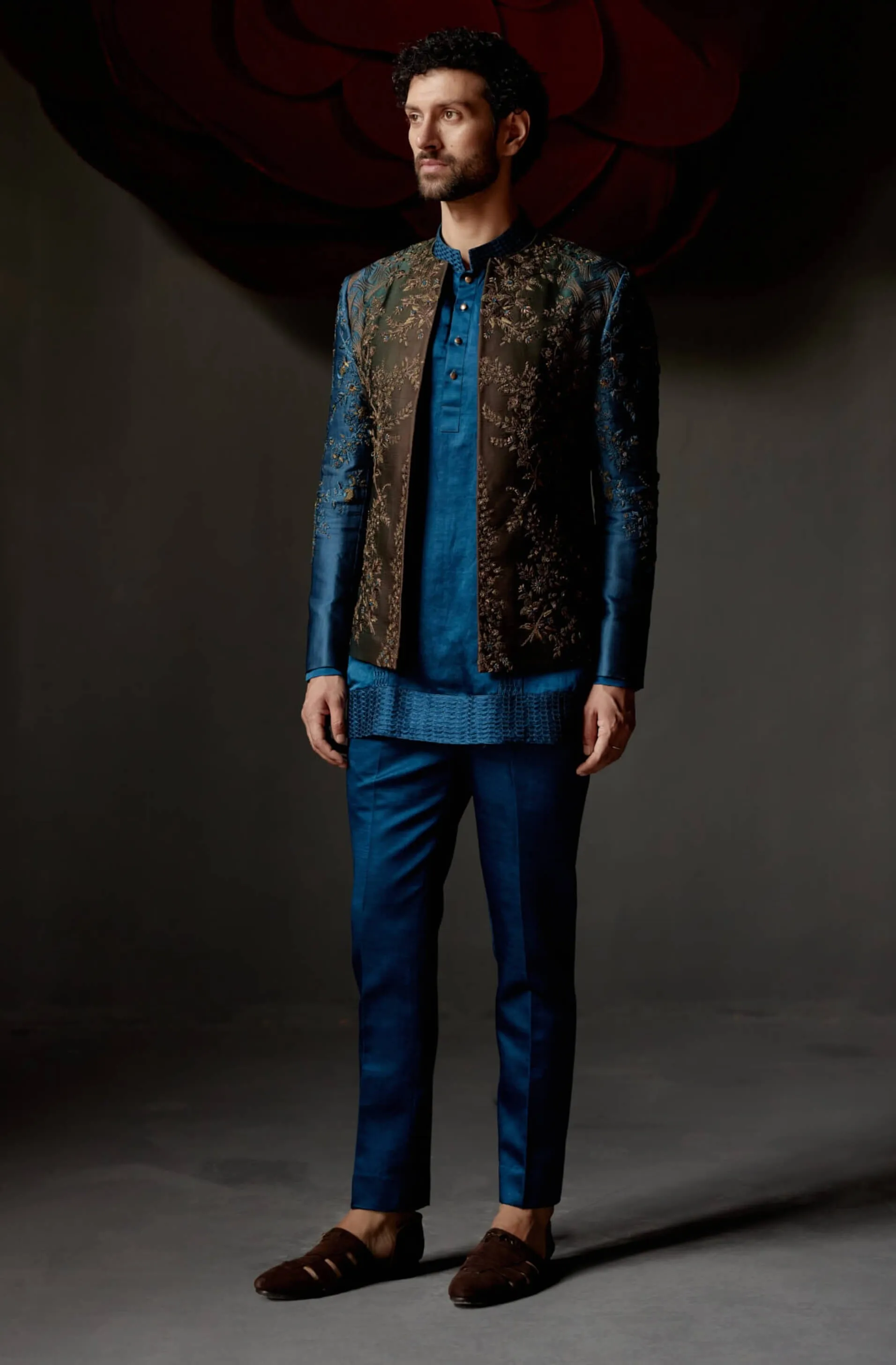 Teal & brown short jacket and kurta set
