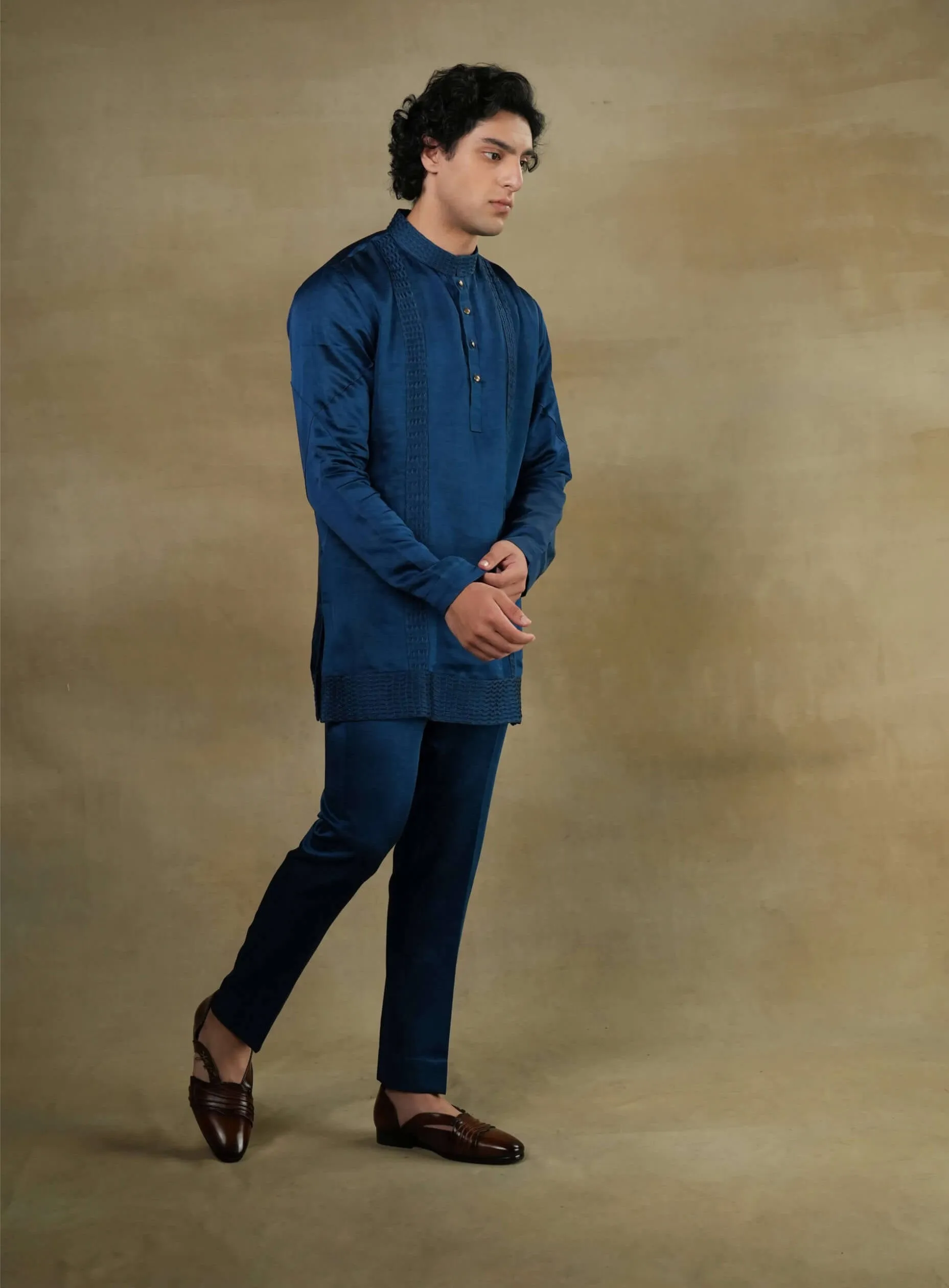 Teal blue short kurta and trousers