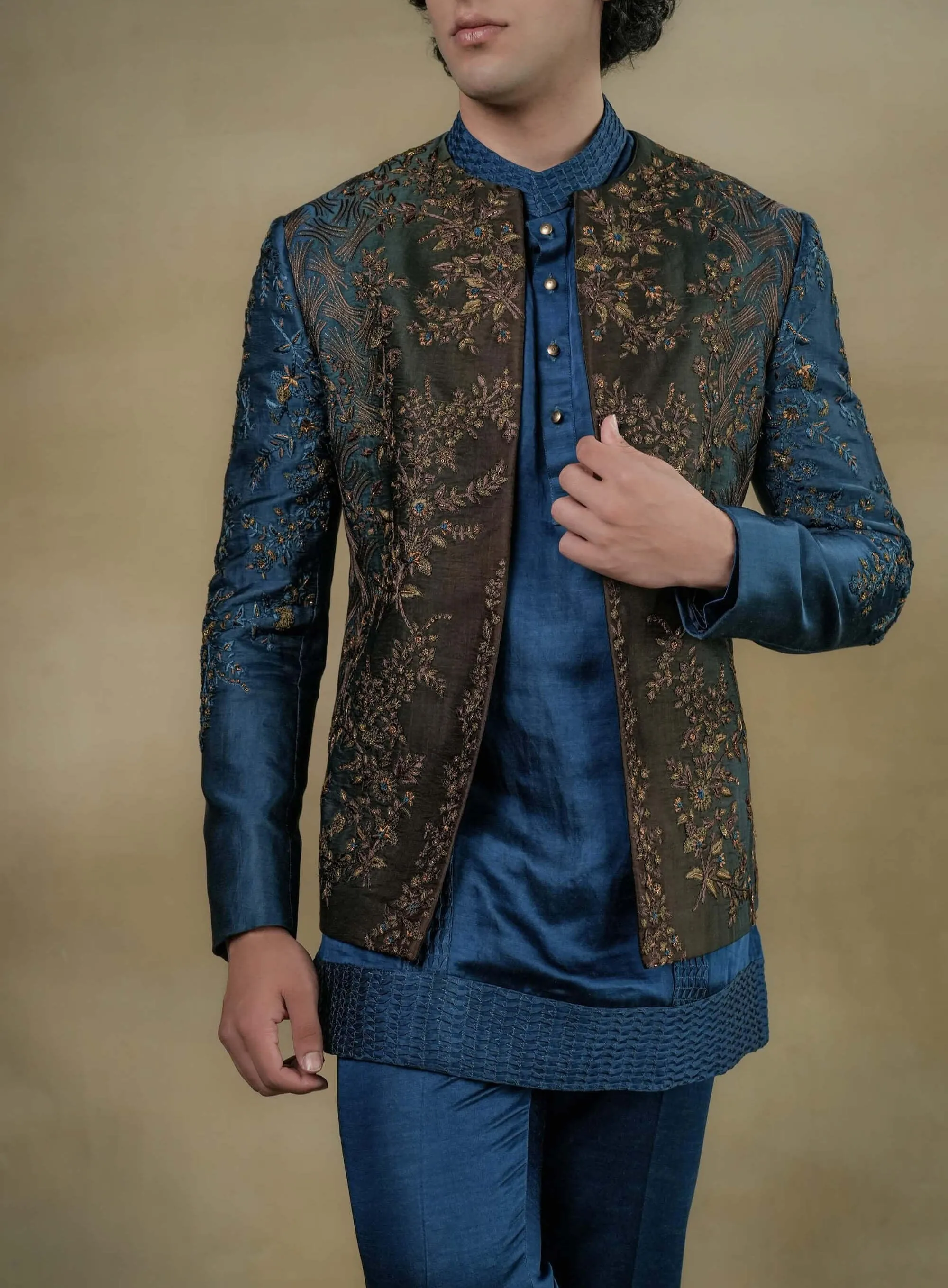 Teal ombre short kurta and trousers