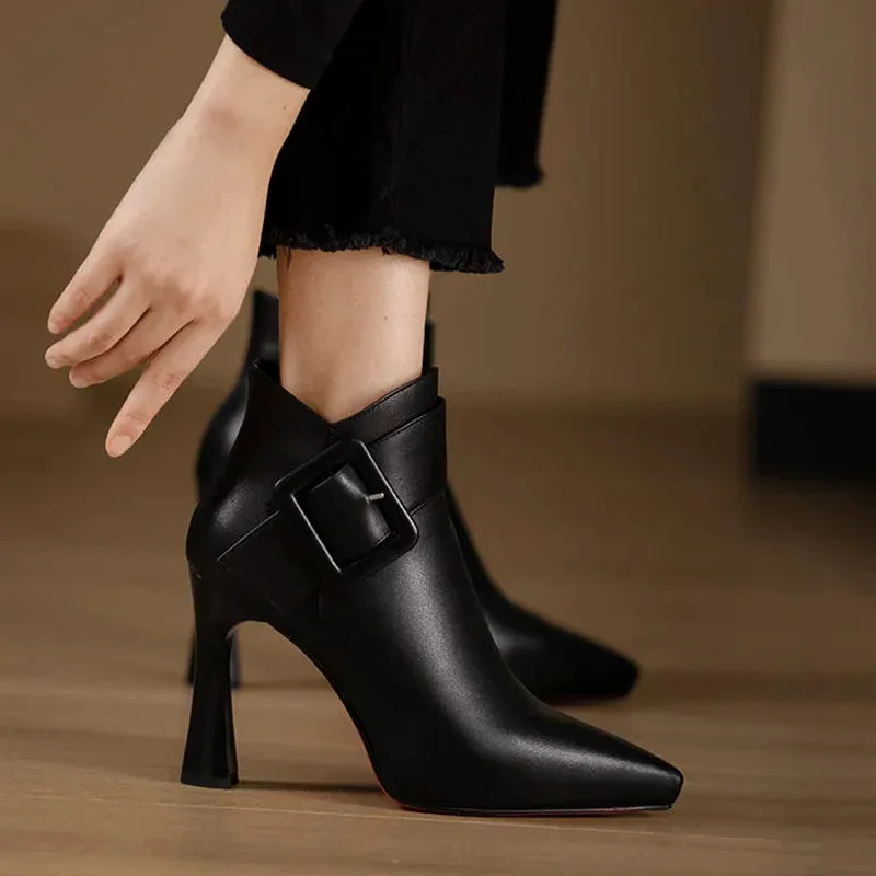 VougeVamp Elegant PU Leather Ankle Boots – Belt Buckle High Heels for Spring & Party Wear