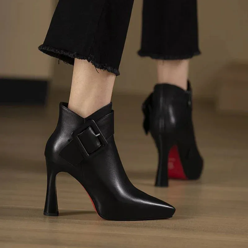 VougeVamp Elegant PU Leather Ankle Boots – Belt Buckle High Heels for Spring & Party Wear