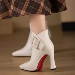 VougeVamp Elegant PU Leather Ankle Boots – Belt Buckle High Heels for Spring & Party Wear