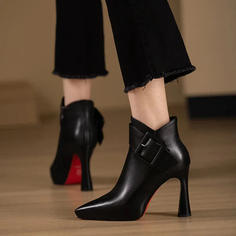VougeVamp Elegant PU Leather Ankle Boots – Belt Buckle High Heels for Spring & Party Wear