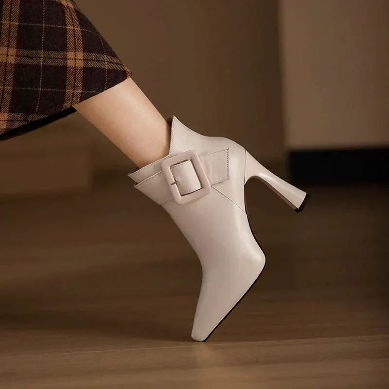 VougeVamp Elegant PU Leather Ankle Boots – Belt Buckle High Heels for Spring & Party Wear