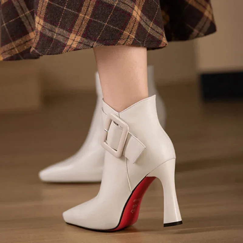VougeVamp Elegant PU Leather Ankle Boots – Belt Buckle High Heels for Spring & Party Wear