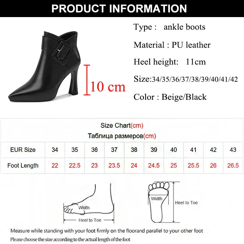 VougeVamp Elegant PU Leather Ankle Boots – Belt Buckle High Heels for Spring & Party Wear