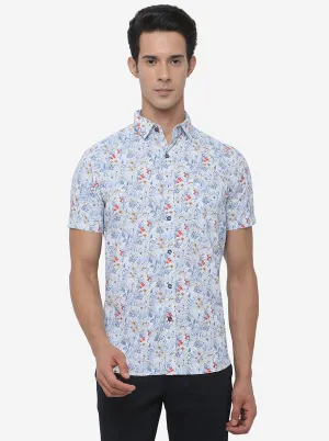 White & Blue Printed Slim Fit Semi Casual Shirt | JadeBlue