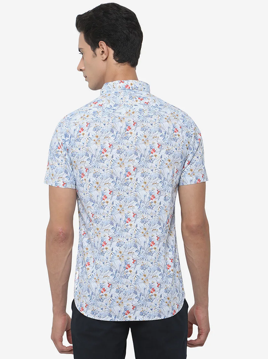 White & Blue Printed Slim Fit Semi Casual Shirt | JadeBlue