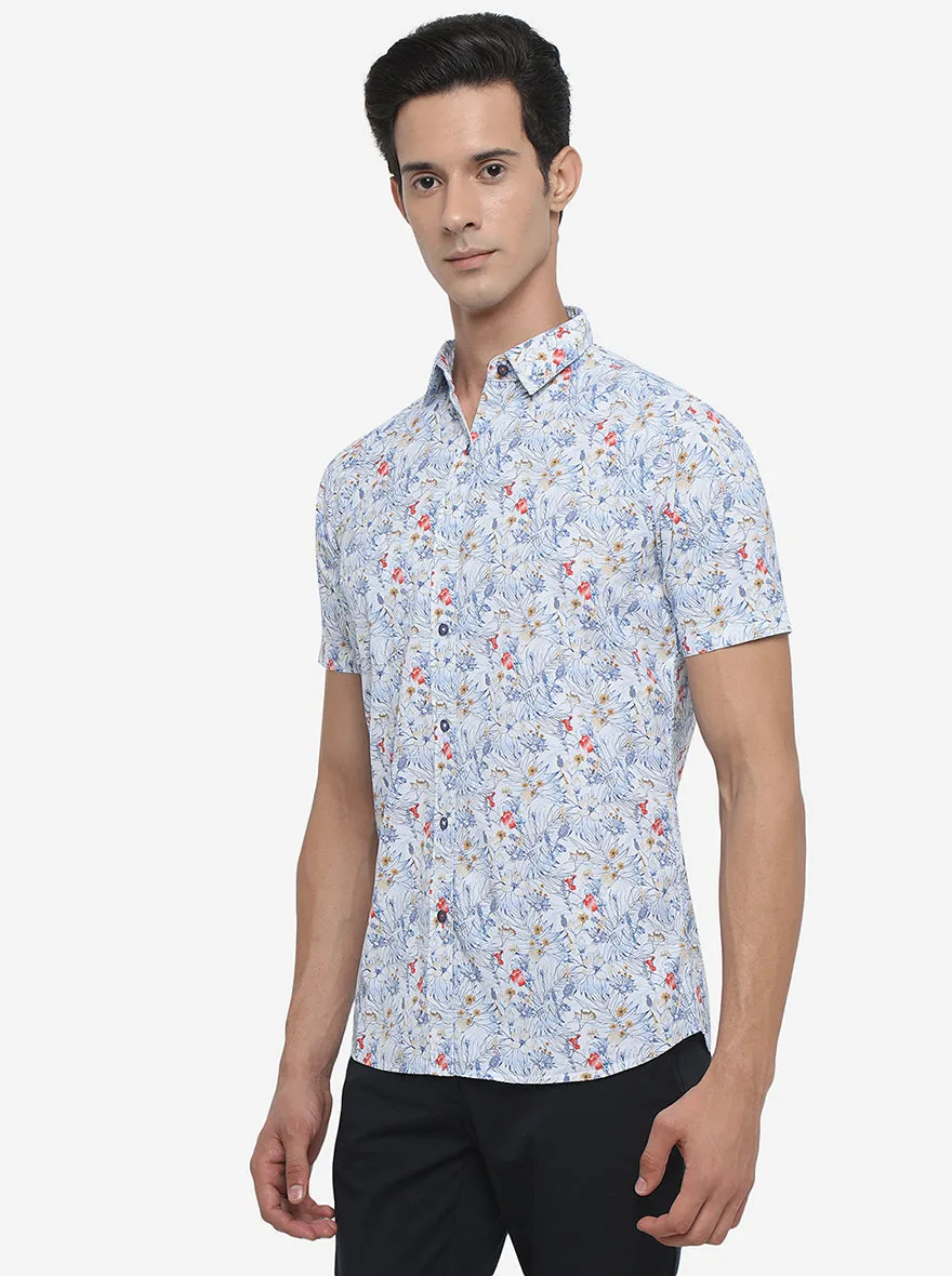 White & Blue Printed Slim Fit Semi Casual Shirt | JadeBlue
