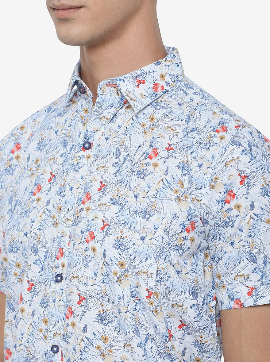 White & Blue Printed Slim Fit Semi Casual Shirt | JadeBlue