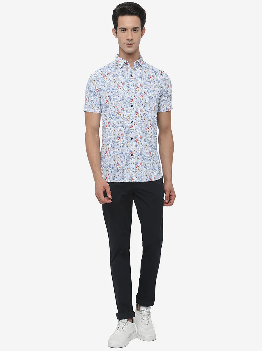 White & Blue Printed Slim Fit Semi Casual Shirt | JadeBlue