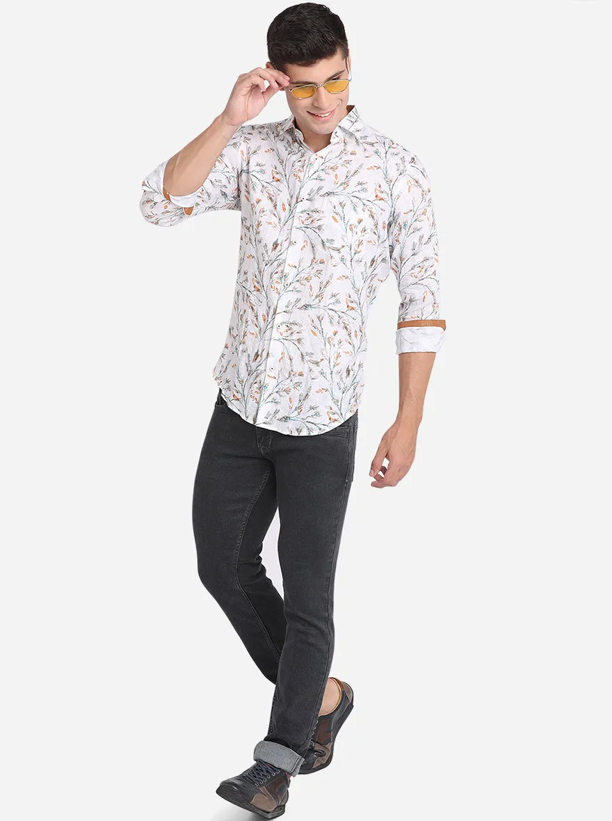 White & Grey Printed Slim Fit Party Wear Shirt | JB Studio