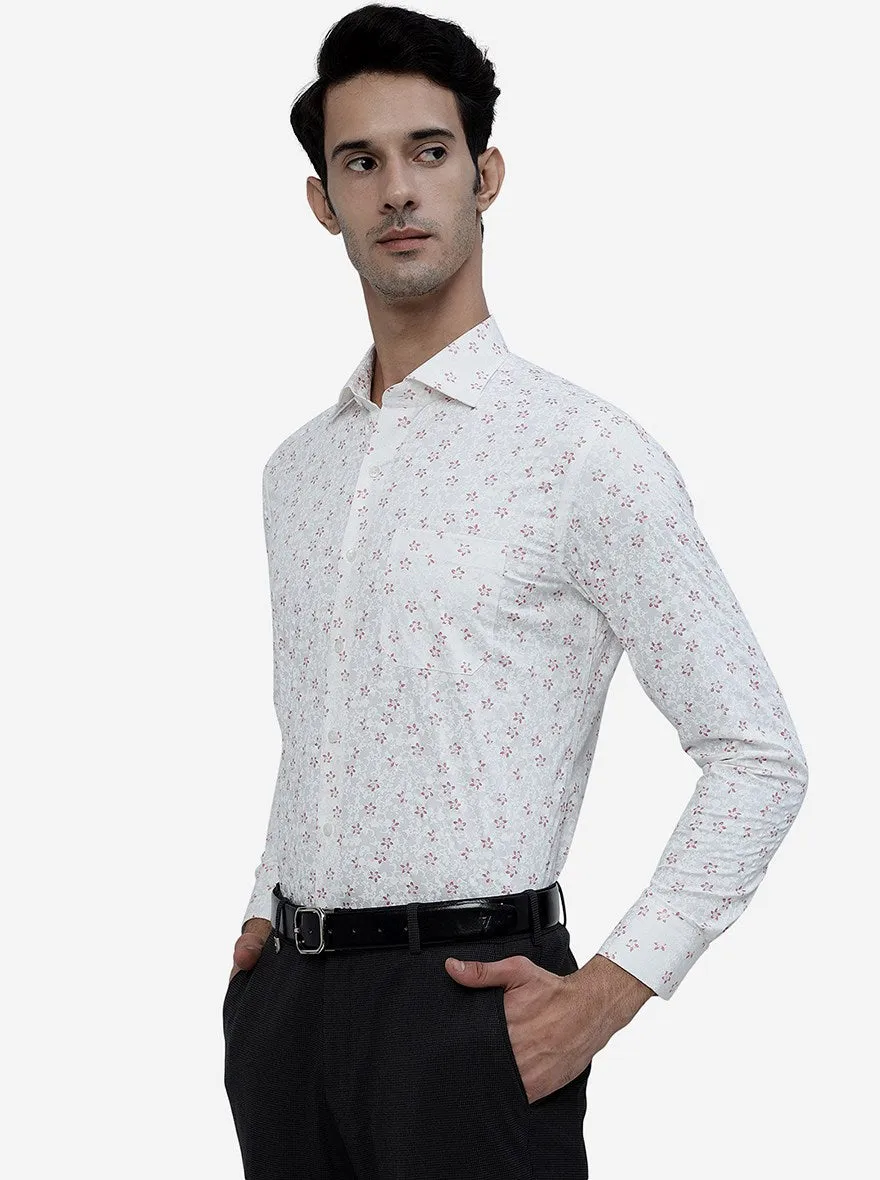 White Printed Slim Fit Formal Shirt | Metal