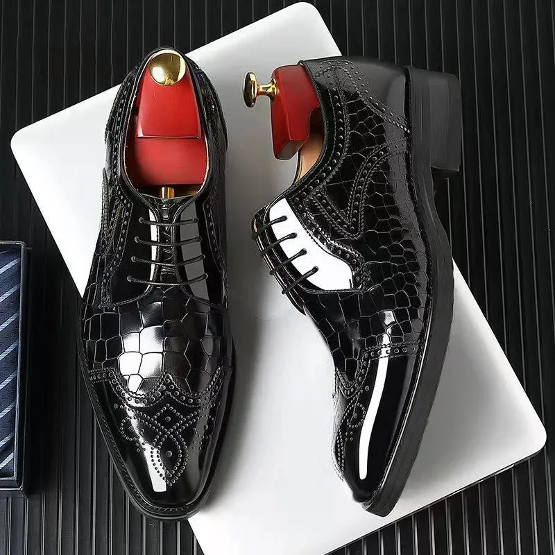 Wicklow | Men's Crocodile Pattern Leather Oxford Shoes - Formal Brogue Dress Footwear