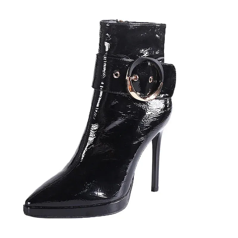 Women Ankle Boots Runway Style Sexy Belt Buckle Side Zip High Heels Patent Leather Party Dress Ladies Shoes