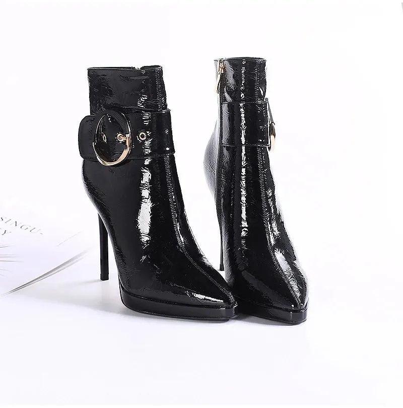 Women Ankle Boots Runway Style Sexy Belt Buckle Side Zip High Heels Patent Leather Party Dress Ladies Shoes