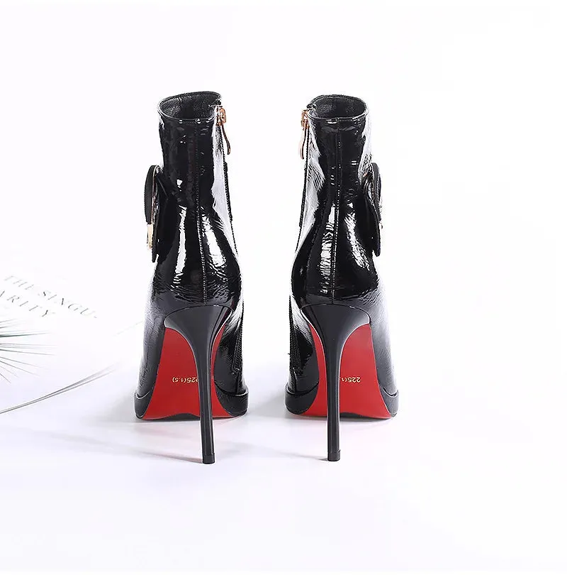 Women Ankle Boots Runway Style Sexy Belt Buckle Side Zip High Heels Patent Leather Party Dress Ladies Shoes